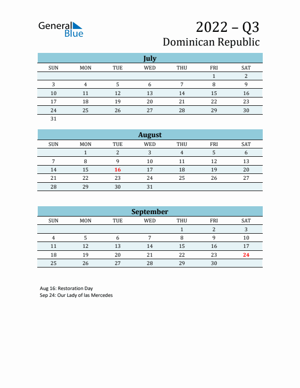 Three-Month Planner for Q3 2022 with Holidays - Dominican Republic