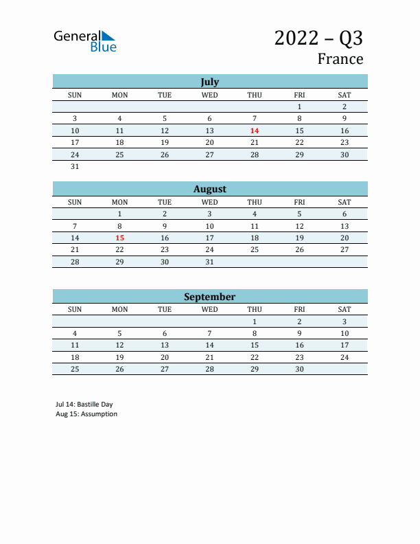 Three-Month Planner for Q3 2022 with Holidays - France