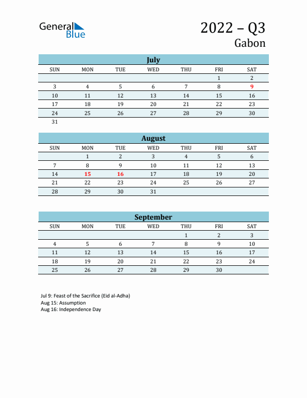 Three-Month Planner for Q3 2022 with Holidays - Gabon