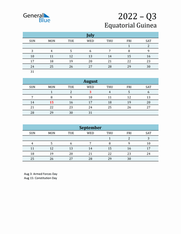 Three-Month Planner for Q3 2022 with Holidays - Equatorial Guinea