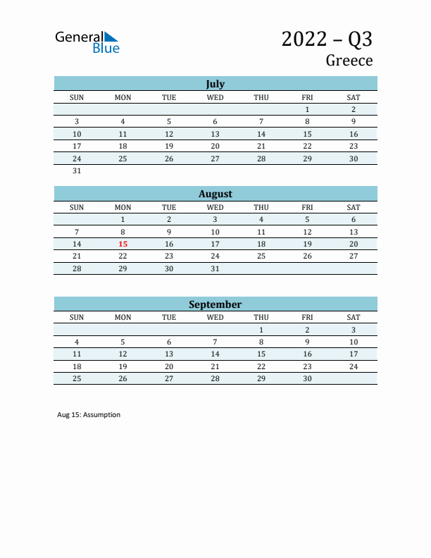 Three-Month Planner for Q3 2022 with Holidays - Greece