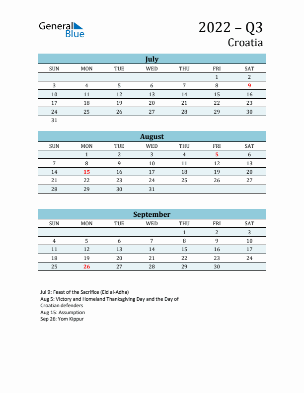 Three-Month Planner for Q3 2022 with Holidays - Croatia