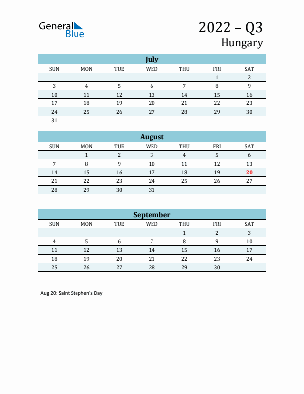 Three-Month Planner for Q3 2022 with Holidays - Hungary