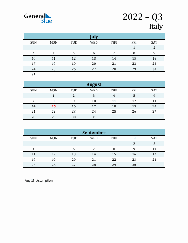 Three-Month Planner for Q3 2022 with Holidays - Italy