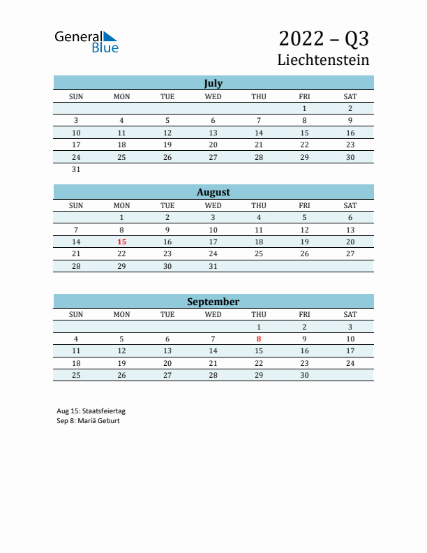 Three-Month Planner for Q3 2022 with Holidays - Liechtenstein