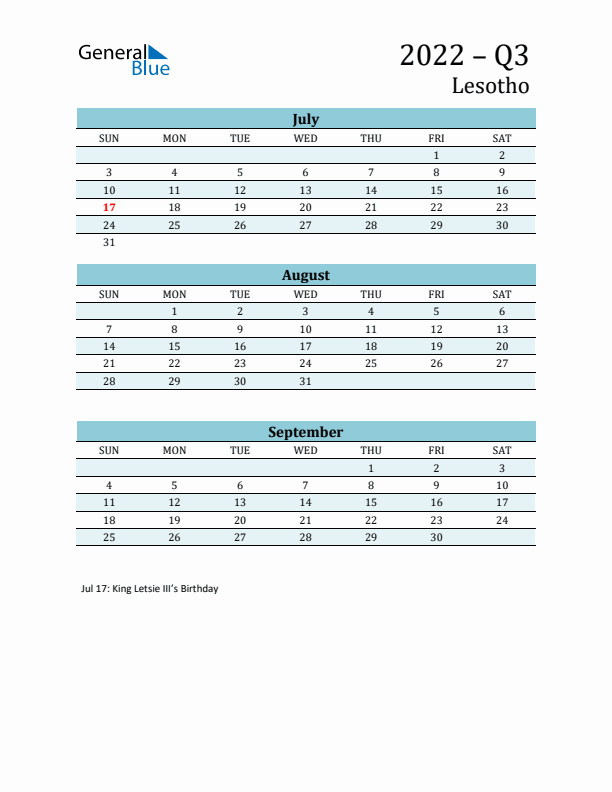 Three-Month Planner for Q3 2022 with Holidays - Lesotho