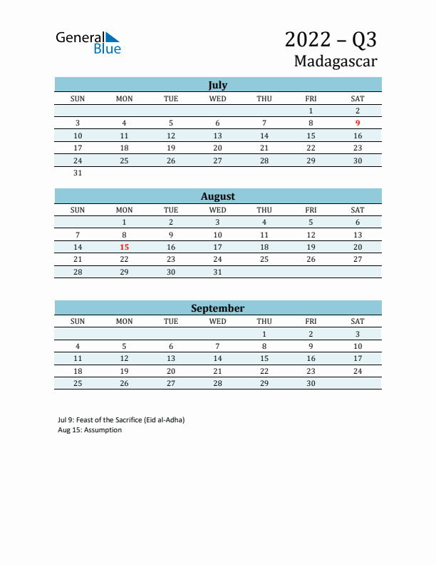 Three-Month Planner for Q3 2022 with Holidays - Madagascar