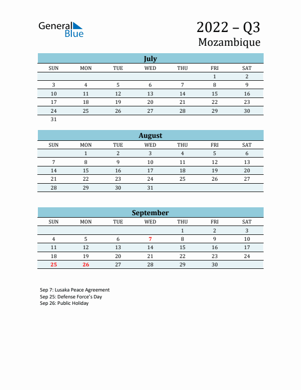 Three-Month Planner for Q3 2022 with Holidays - Mozambique