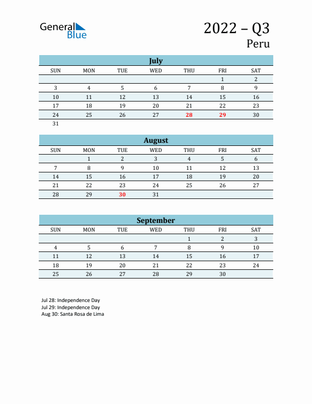 Three-Month Planner for Q3 2022 with Holidays - Peru