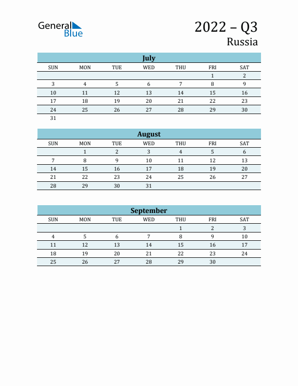 Three-Month Planner for Q3 2022 with Holidays - Russia