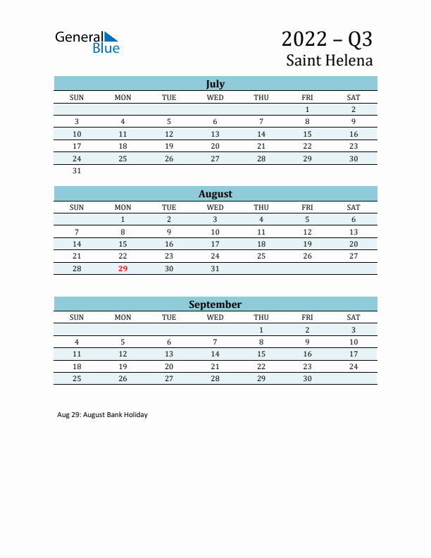 Three-Month Planner for Q3 2022 with Holidays - Saint Helena