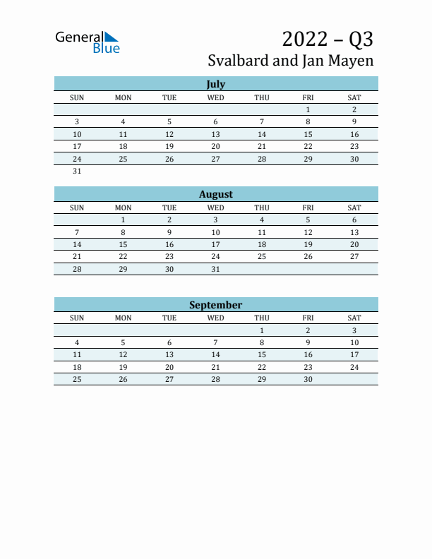 Three-Month Planner for Q3 2022 with Holidays - Svalbard and Jan Mayen