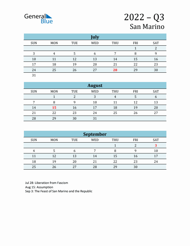 Three-Month Planner for Q3 2022 with Holidays - San Marino