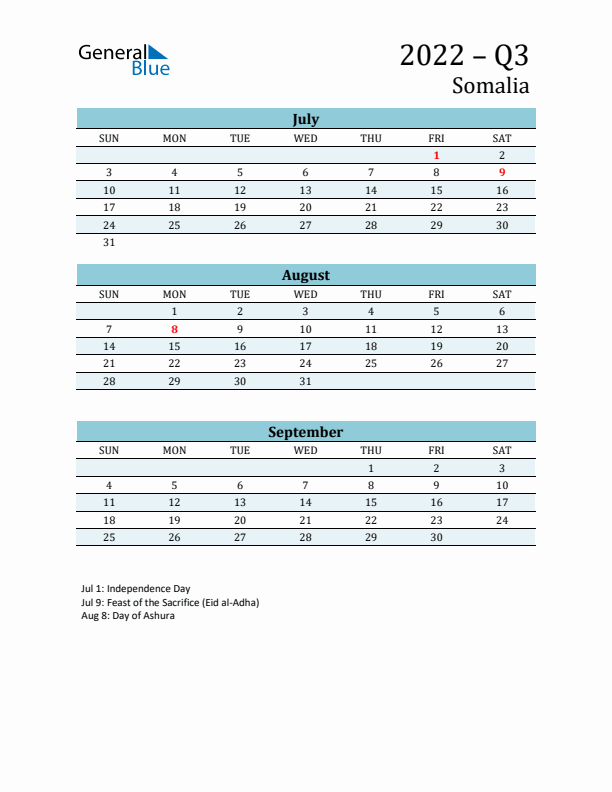 Three-Month Planner for Q3 2022 with Holidays - Somalia