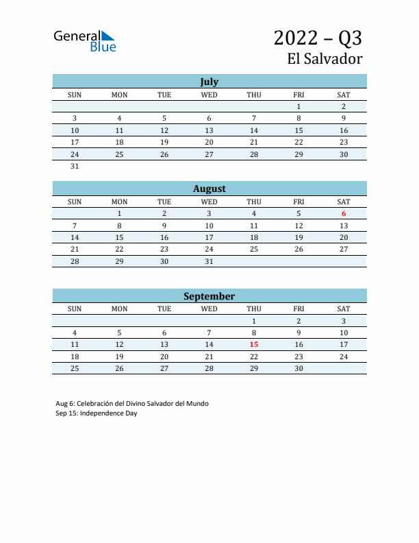 Three-Month Planner for Q3 2022 with Holidays - El Salvador