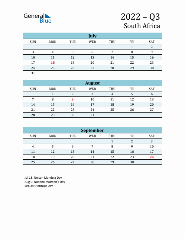 Three-Month Planner for Q3 2022 with Holidays - South Africa