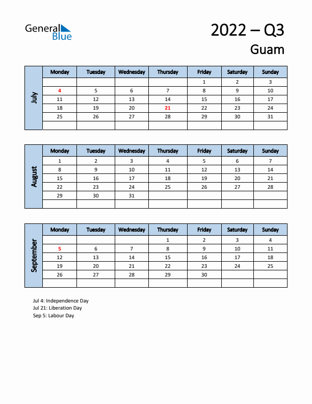 Free Q3 2022 Calendar for Guam - Monday Start