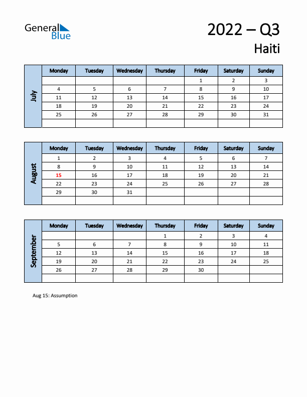 Free Q3 2022 Calendar for Haiti - Monday Start