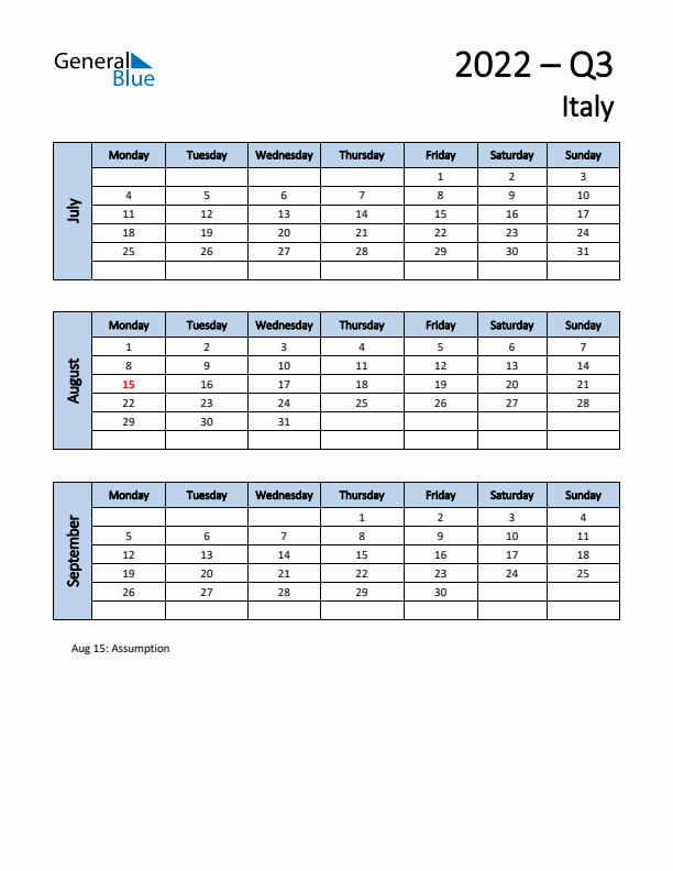 Free Q3 2022 Calendar for Italy - Monday Start