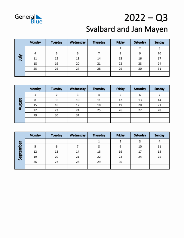 Free Q3 2022 Calendar for Svalbard and Jan Mayen - Monday Start