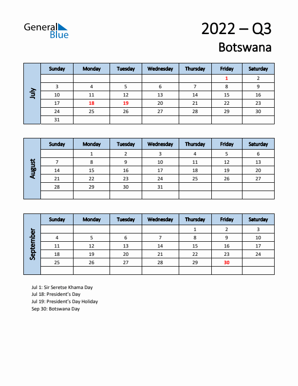 Free Q3 2022 Calendar for Botswana - Sunday Start