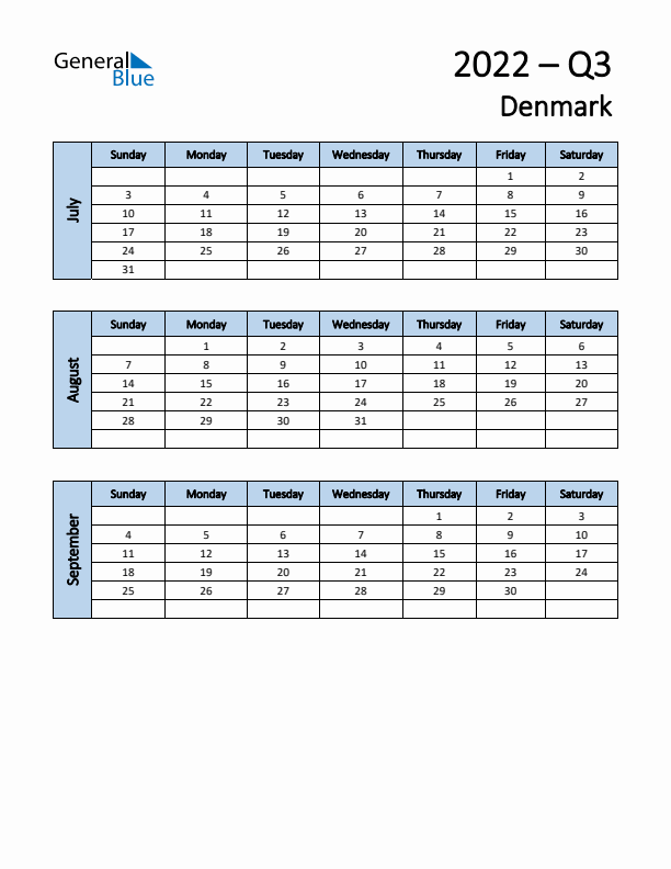 Free Q3 2022 Calendar for Denmark - Sunday Start