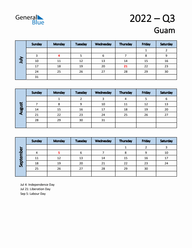 Free Q3 2022 Calendar for Guam - Sunday Start