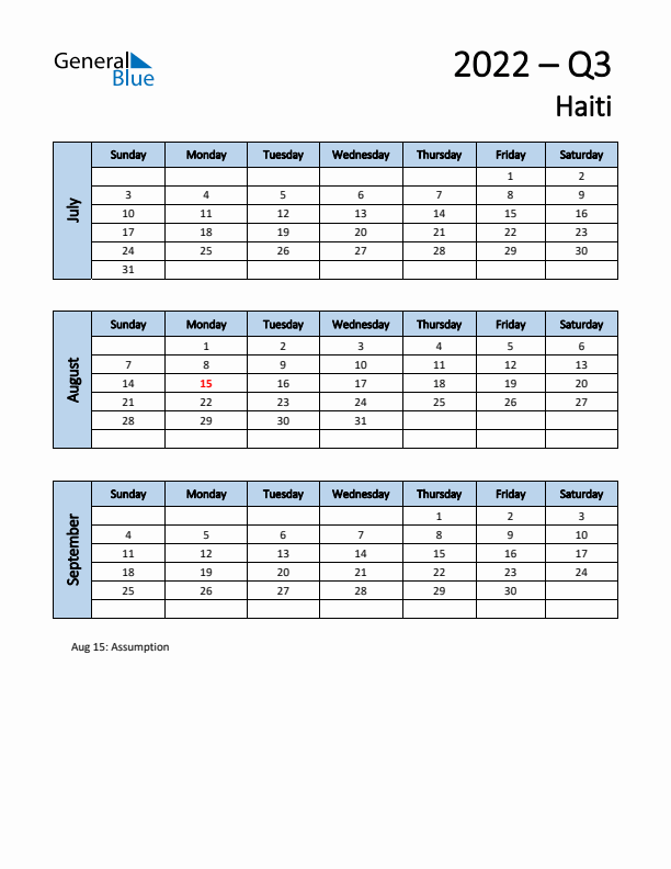 Free Q3 2022 Calendar for Haiti - Sunday Start