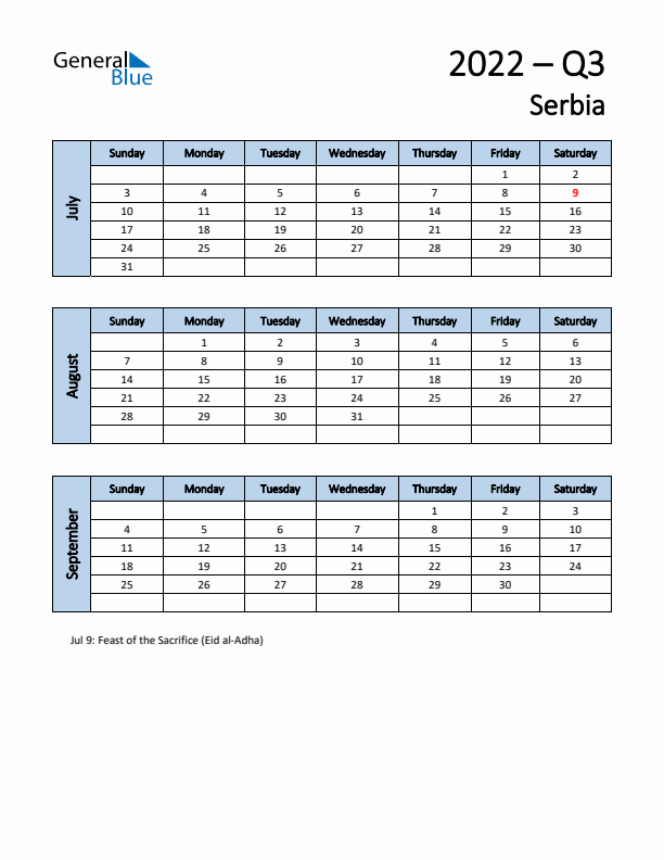 Free Q3 2022 Calendar for Serbia - Sunday Start