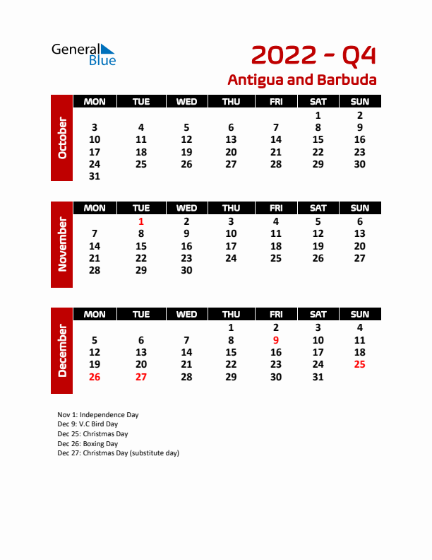 Q4 2022 Calendar with Holidays in Antigua and Barbuda