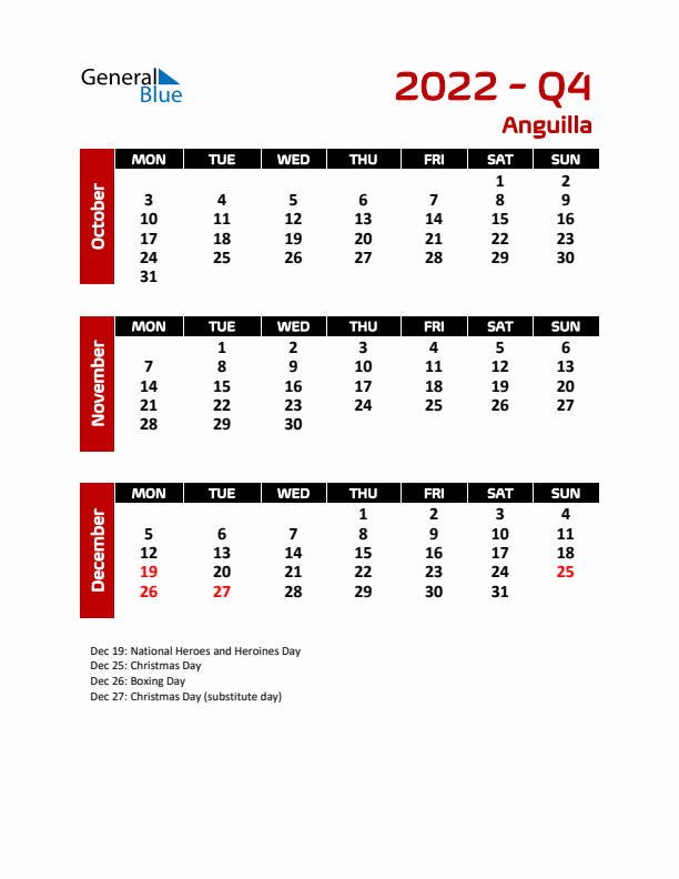 Q4 2022 Calendar with Holidays in Anguilla