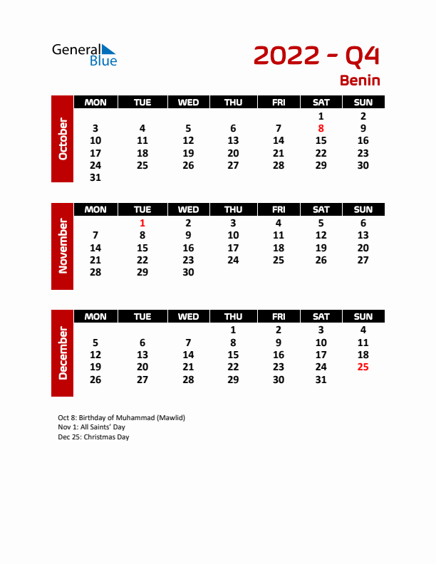 Q4 2022 Calendar with Holidays in Benin