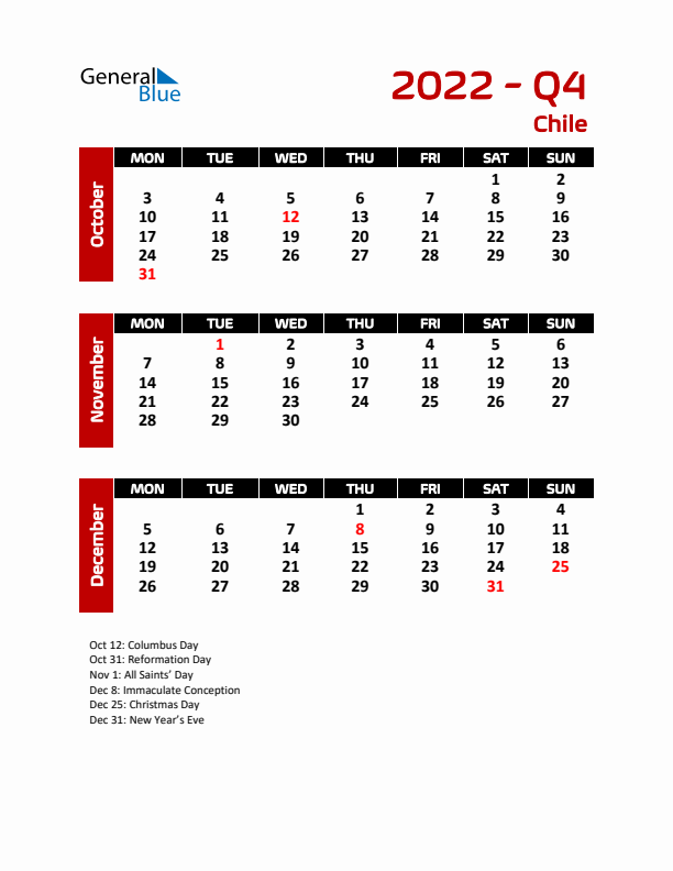 Q4 2022 Calendar with Holidays in Chile