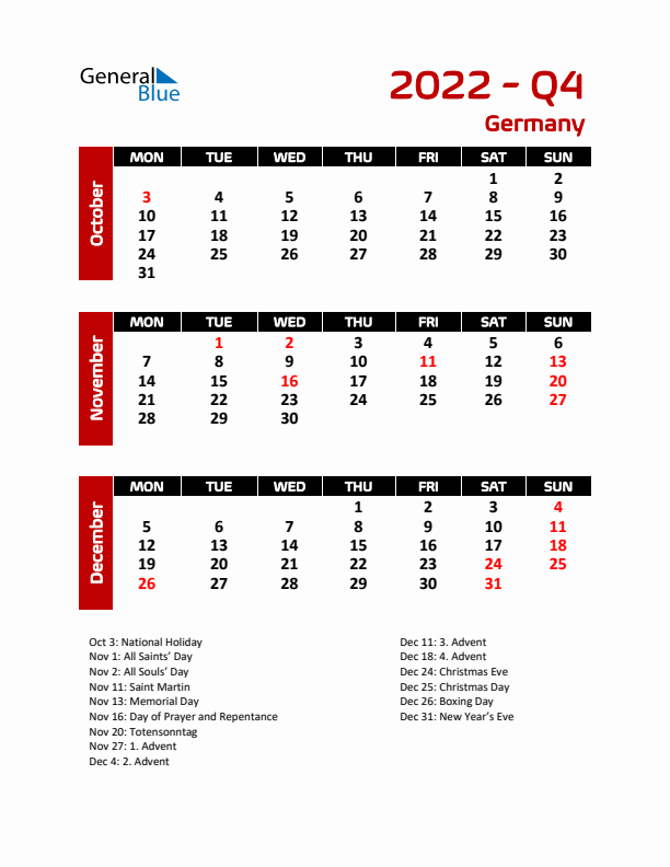 Q4 2022 Calendar with Holidays in Germany