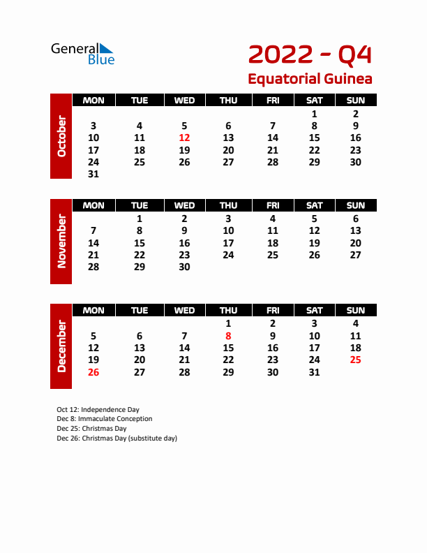 Q4 2022 Calendar with Holidays in Equatorial Guinea