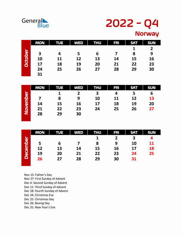 Q4 2022 Calendar with Holidays in Norway