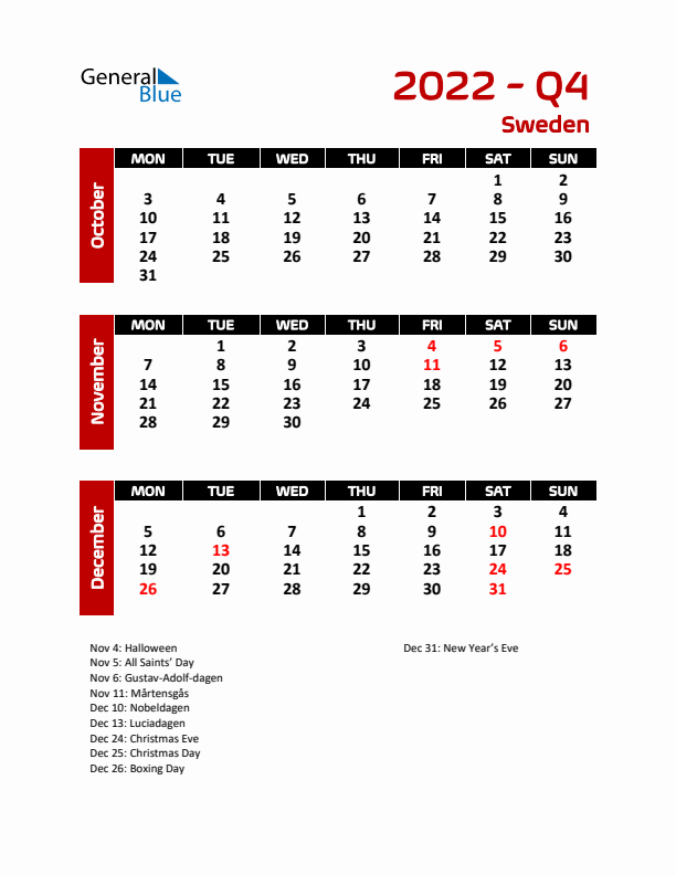 Q4 2022 Calendar with Holidays in Sweden