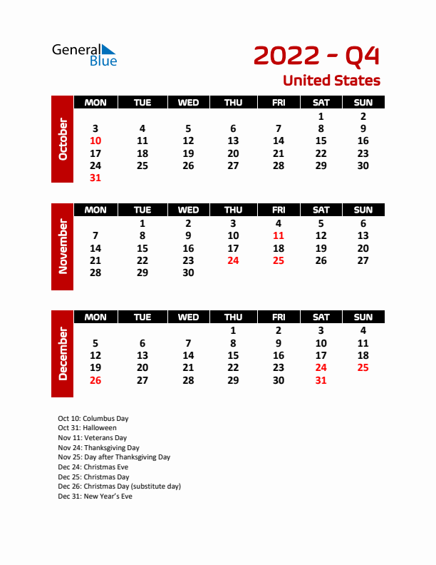 Q4 2022 Calendar with Holidays in United States