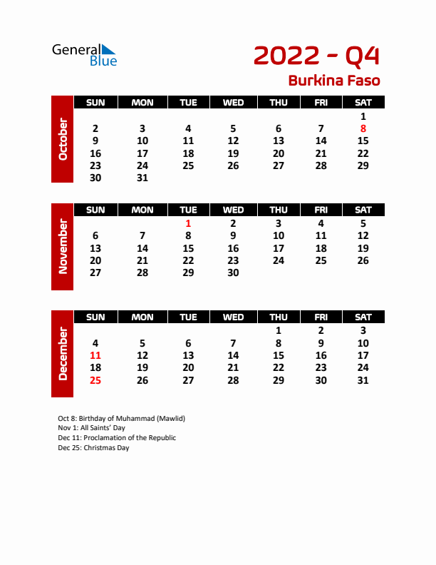 Q4 2022 Calendar with Holidays in Burkina Faso