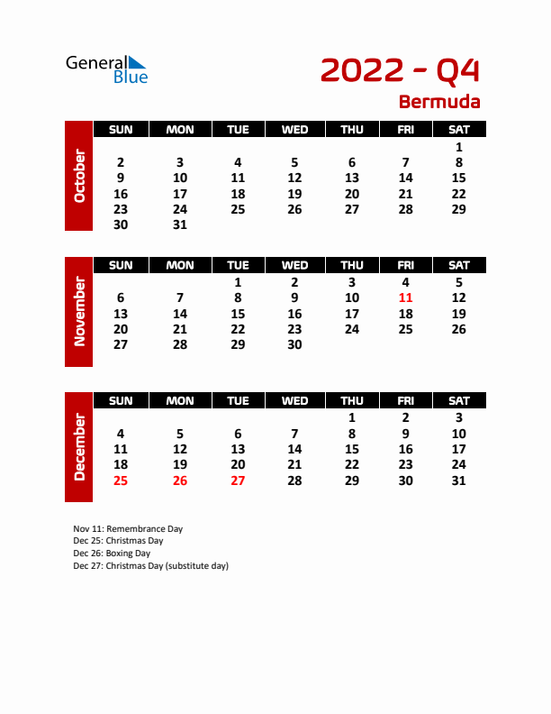 Q4 2022 Calendar with Holidays in Bermuda