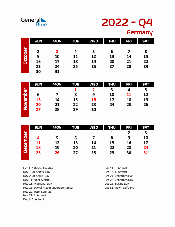 Q4 2022 Calendar with Holidays in Germany