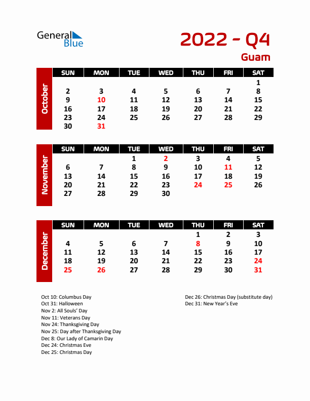 Q4 2022 Calendar with Holidays in Guam