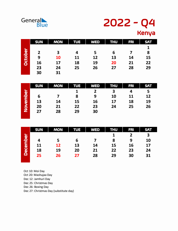 Q4 2022 Calendar with Holidays in Kenya