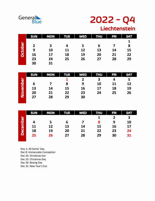 Q4 2022 Calendar with Holidays in Liechtenstein