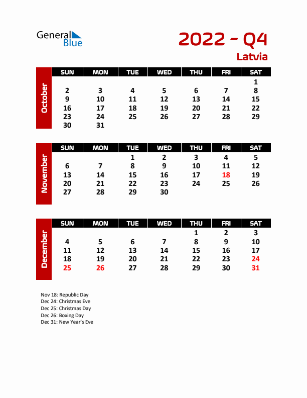 Q4 2022 Calendar with Holidays in Latvia