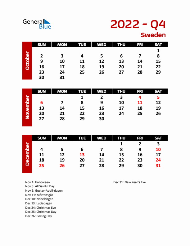 Q4 2022 Calendar with Holidays in Sweden