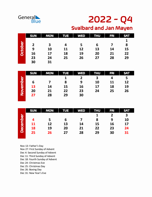 Q4 2022 Calendar with Holidays in Svalbard and Jan Mayen