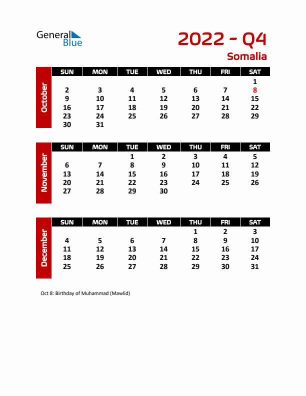 Q4 2022 Calendar with Holidays in Somalia