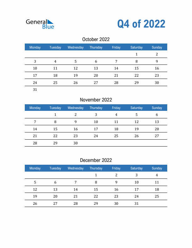 Fillable Quarterly Calendar for Q4 2022