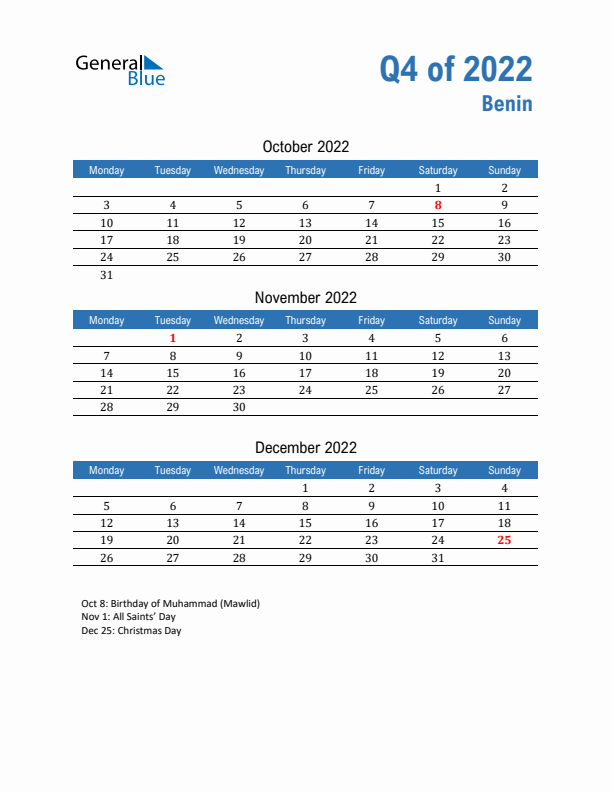 Benin Q4 2022 Quarterly Calendar with Monday Start